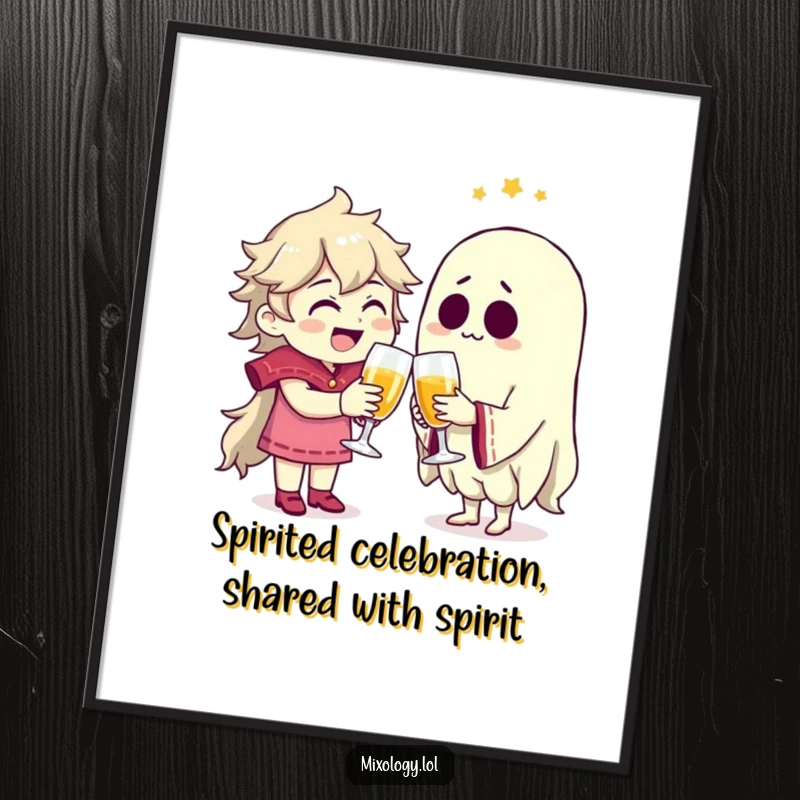 Funny Free Printable Wall Art: A character joyfully clinking glasses with a transparent, smiling ghost, celebrating with spectral cheer.