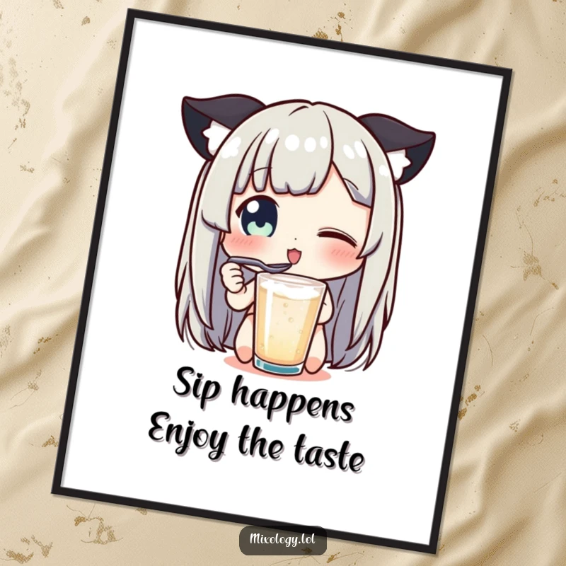 Funny Free Printable Wall Art: A character tasting with a tiny spoon, eyes wide with pure delightful surprise and happiness.