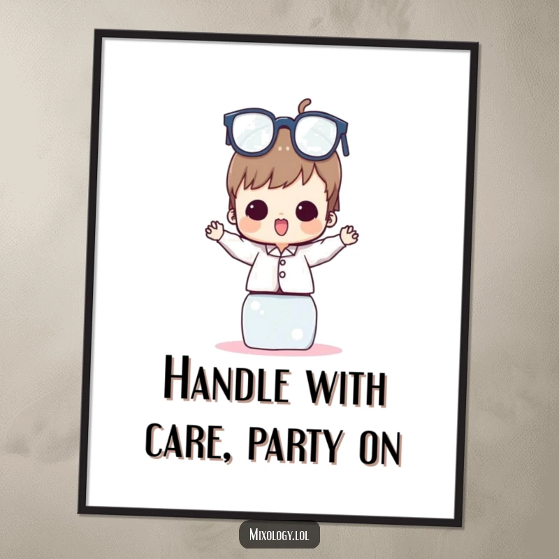 Funny free printable wall art of a character expertly balancing a very tall, unstable tower of various drinking glasses with a mischievous grin.