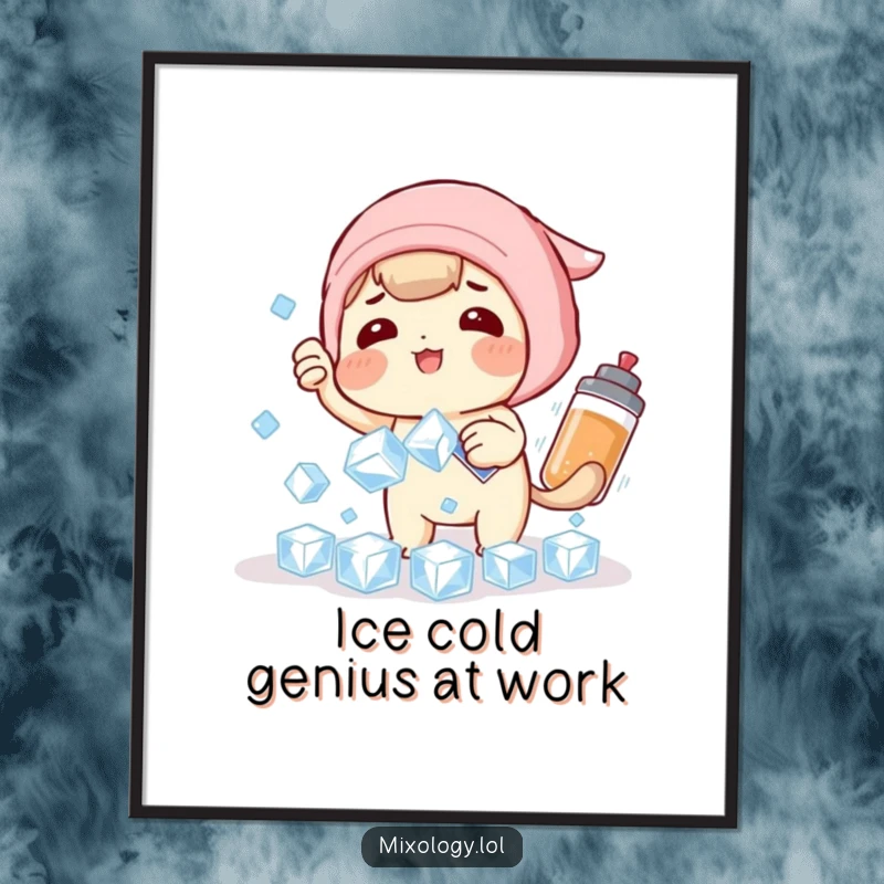 Funny Free Printable Wall Art: Playful character humorously attempting to catch falling ice cubes with a cocktail shaker.