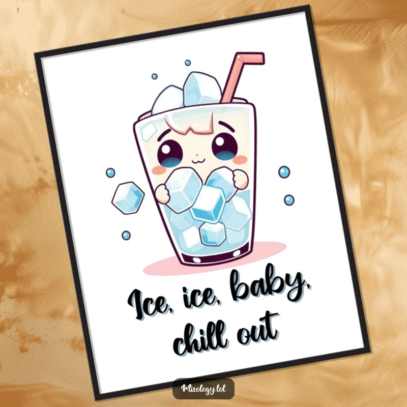 Funny Free Printable Wall Art: A playful character looks surprised as ice cubes dance in a drink, adding downloadable whimsy to decor.