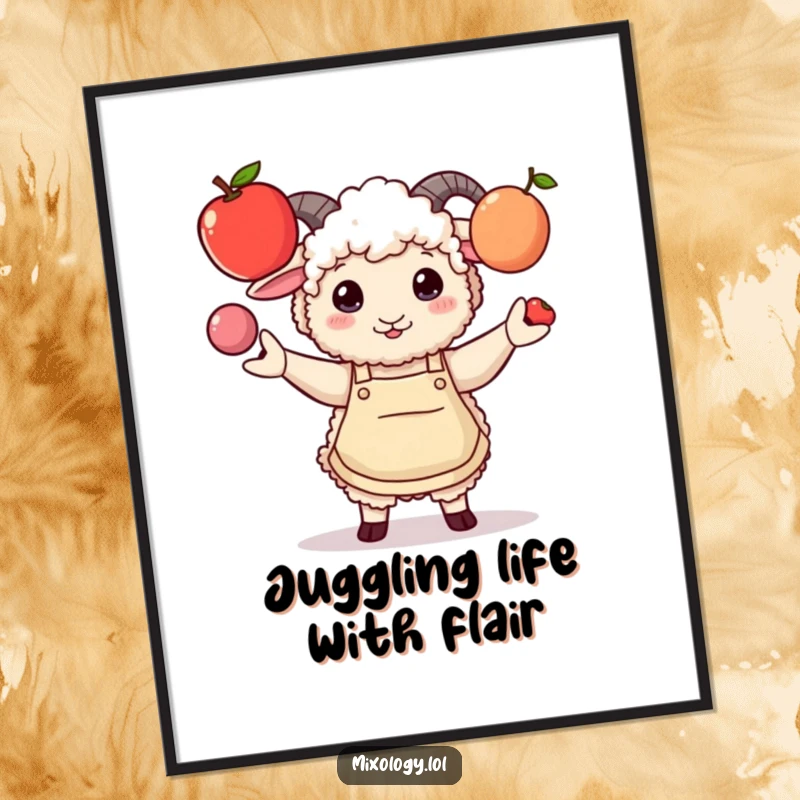 Funny Free Printable Wall Art: A fluffy sheep in a stylish apron is humorously juggling three different colorful fruits with skill.