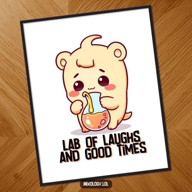 Funny Free Printable Wall Art: Kawaii character comically pouring liquid from a beaker with a surprised grin, science theme.