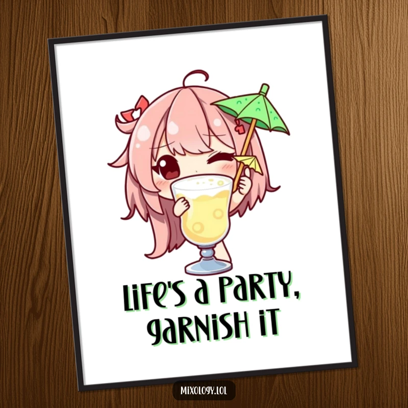 Free Printable Wall Art: Character winking and garnishing a drink with a tiny umbrella, cool cocktail vibe.