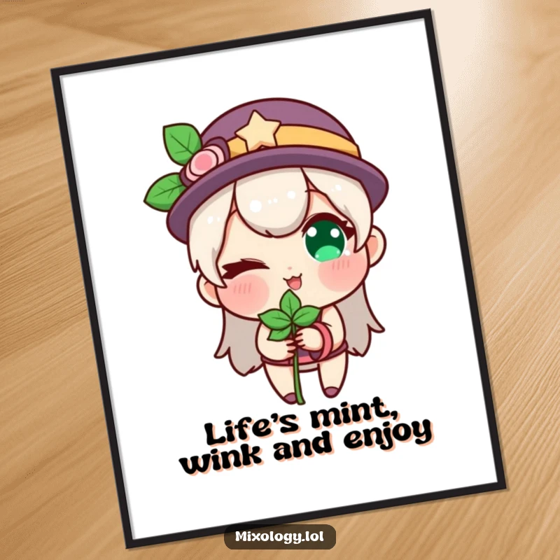 Funny free printable wall art: A charming character gives a knowing wink while casually holding a fresh sprig of mint, exuding cool confidence.