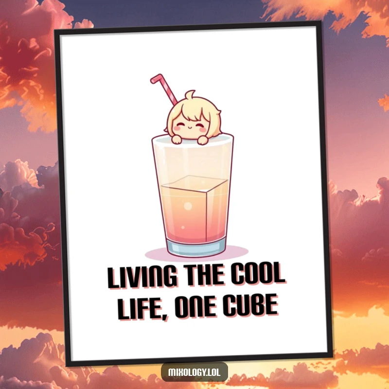 Funny Free Printable Wall Art: Cheerful character enjoying a relaxed float on a massive ice cube in a colorful drink.