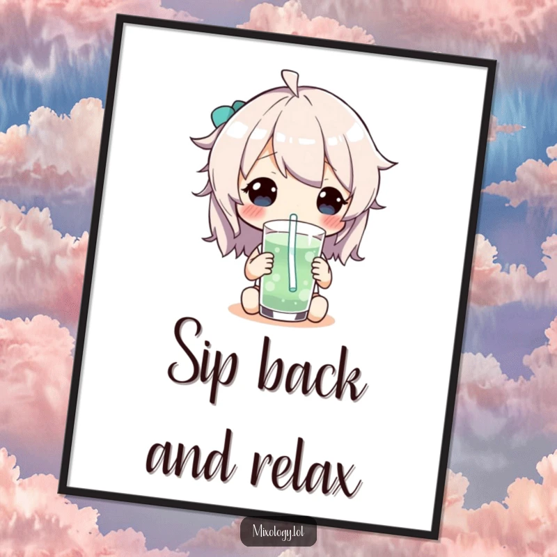 Funny free printable wall art of a character playfully sipping a colorful drink through a comically long and winding straw.