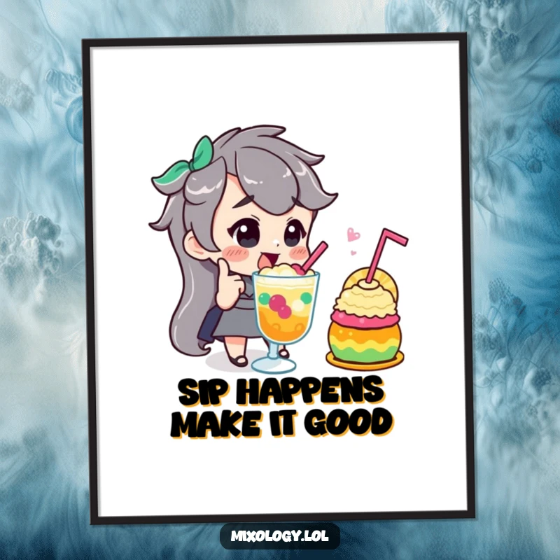 Funny Free Printable Wall Art: Character with a confident nod, admiring a spectacularly colorful and bubbly concoction with flair.