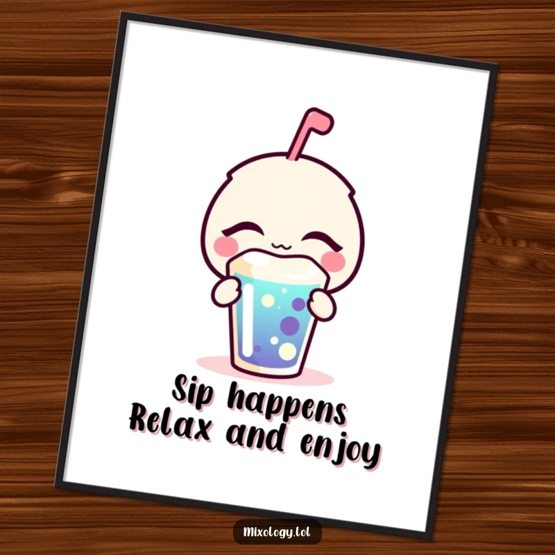 Funny Free Printable Wall Art: A bubbly icon sips a colorful drink with eyes closed in blissful enjoyment, downloadable art.