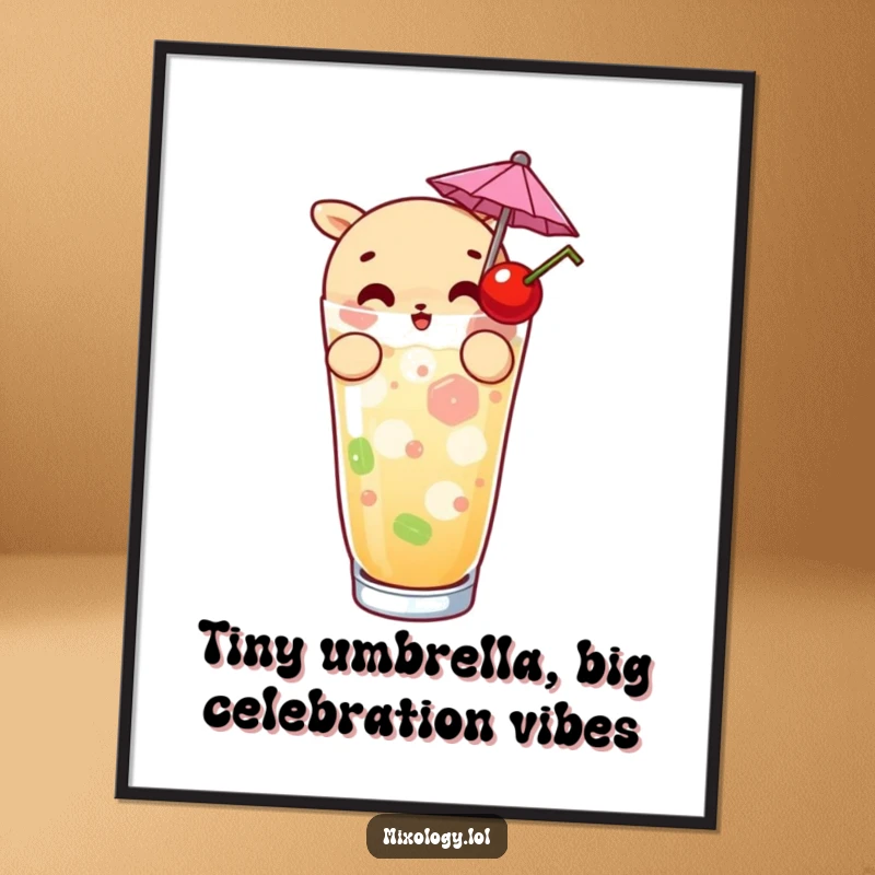 Funny Free Printable Wall Art: A curious character meticulously garnishes a drink with a tiny umbrella and a cherry.