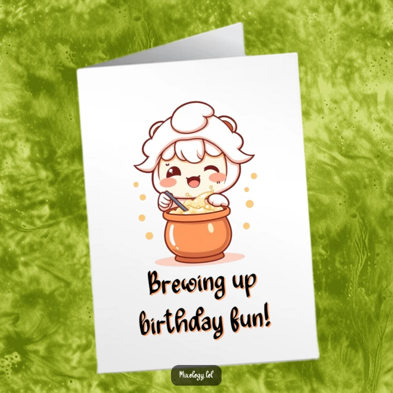 Funny Free Printable birthday card of a kawaii character with a delighted expression, stirring a bubbling potion in a lab.