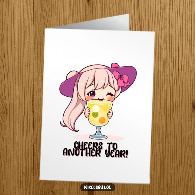 Funny free printable birthday card showing a character proudly presenting a perfectly made cocktail with a big grin.