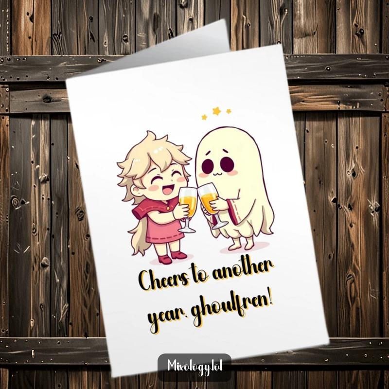 Funny Free Printable Birthday Card: Character joyfully clinking glasses with a transparent, friendly ghost, celebrating a birthday.