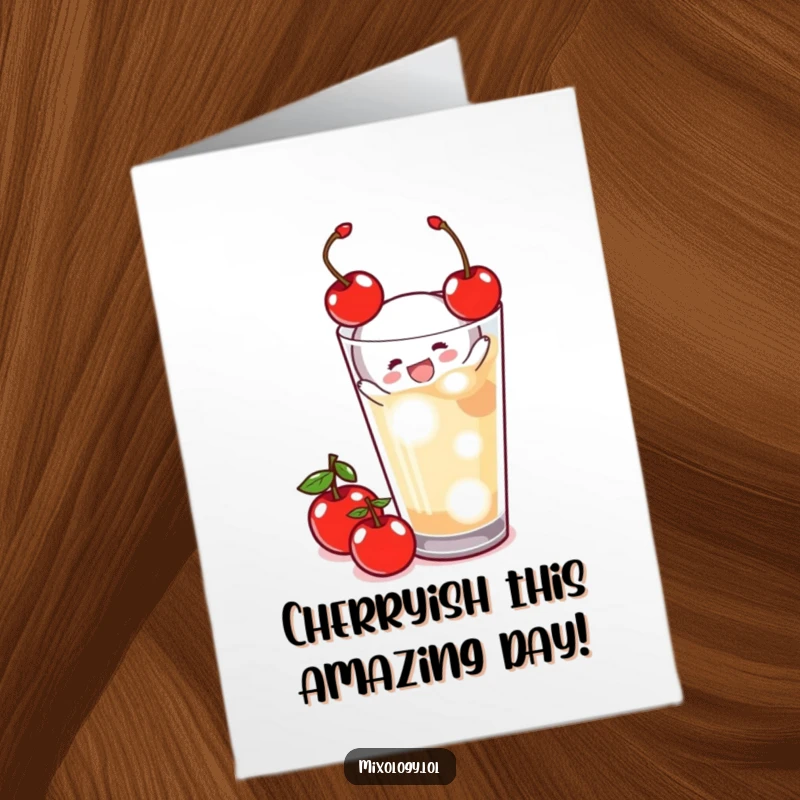 Funny Free Printable Birthday Card featuring a tiny figure joyfully garnishing a drink with a bright cherry, shouting 'Happy Birthday!'