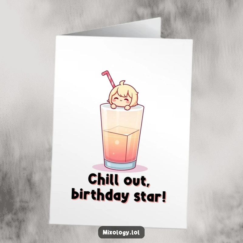 Funny Free Printable Birthday Card: Cheerful character blissfully floating on a giant ice cube in a cool drink.