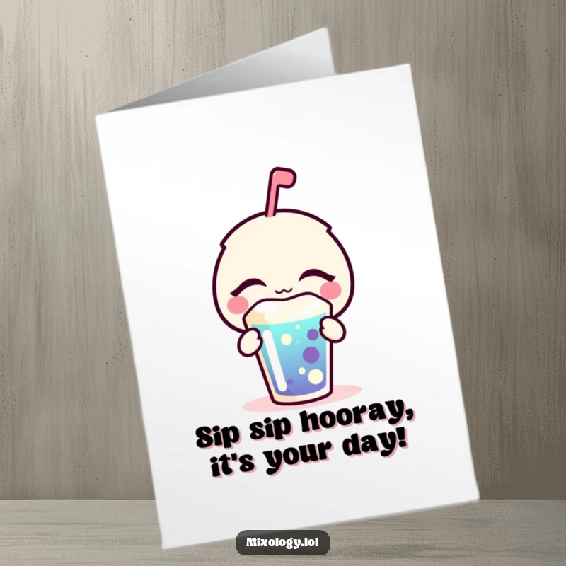 Funny Free Printable Birthday Card: A bubbly icon enjoys a colorful drink with eyes closed in pure bliss and relaxation.