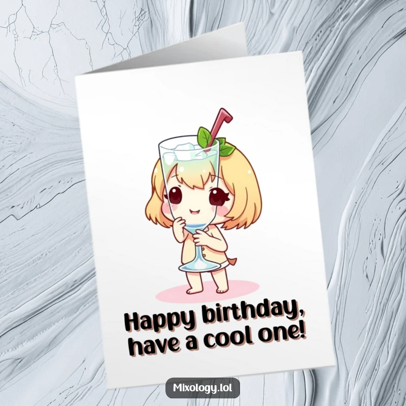 Funny Free Printable Birthday Card of a sweet character presenting a perfectly chilled glass with a stylish flourish.