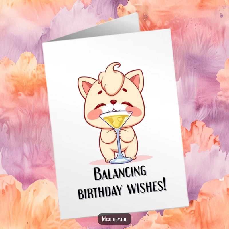 Funny Free Printable Birthday Card: Character joyfully balances a cocktail stirrer on their nose with clumsy, happy concentration.