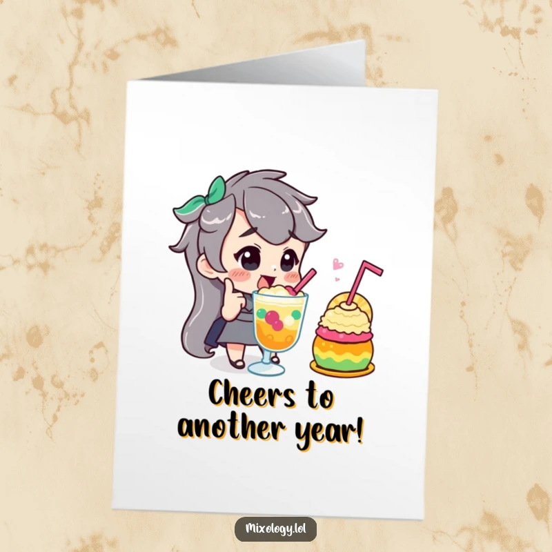 Funny Free Printable Birthday Card: Character gives a confident nod, admiring a brightly colored, bubbly concoction with pride.