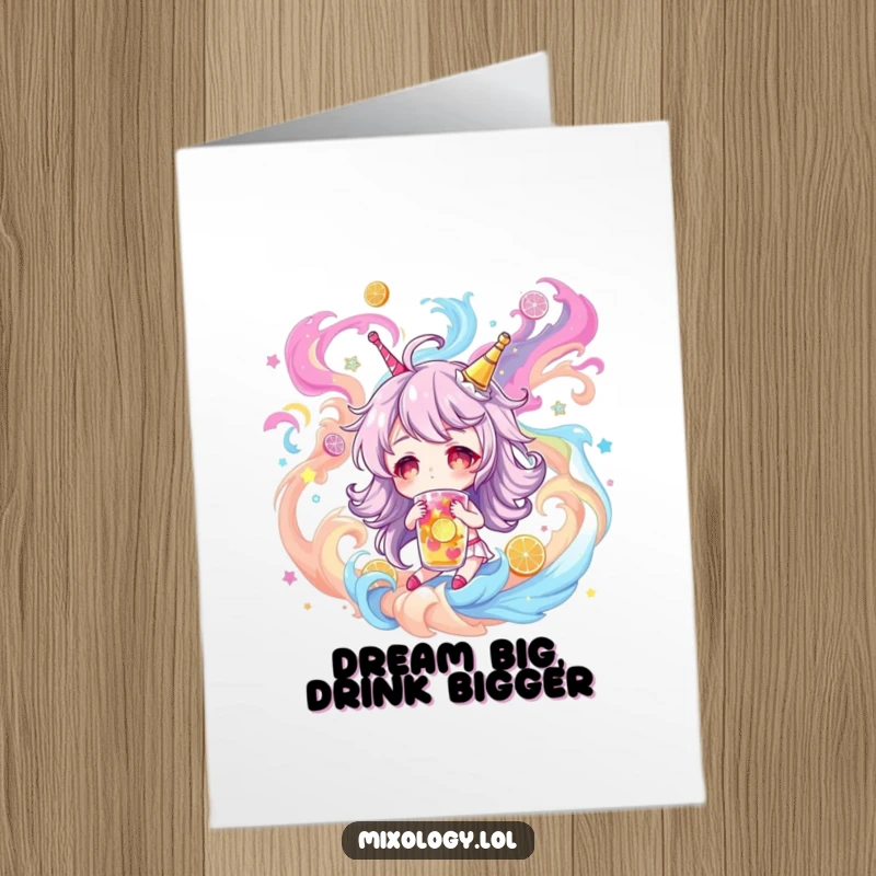 Funny free printable birthday card with a character dreaming of colorful, fantastical drinks amidst swirling vibrant hues.