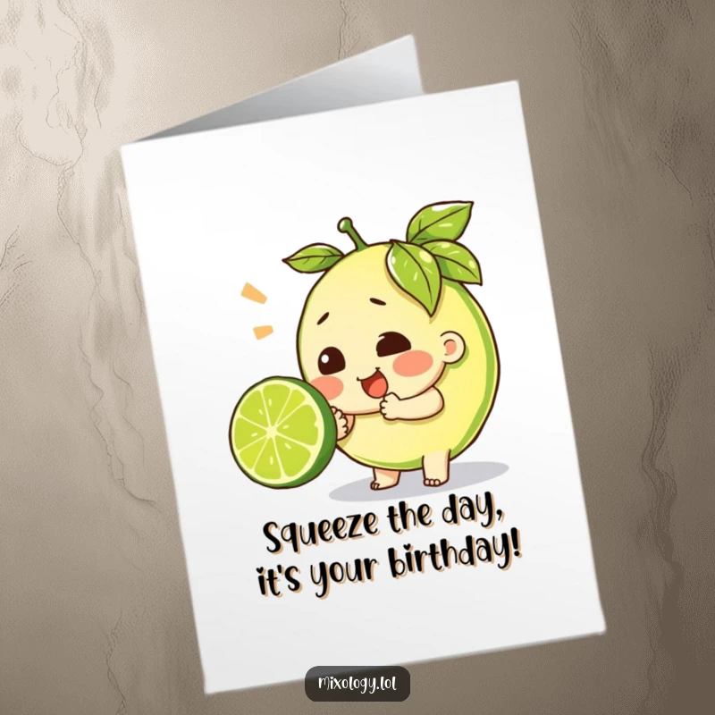 Funny Free Printable birthday card of a character straining with all their might to squeeze a lime. Downloadable citrus humor.