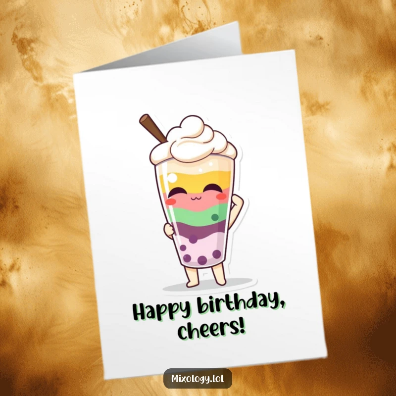 Funny Free Printable Birthday Card: Character proudly showing a colorful layered beverage, a celebratory downloadable gift.
