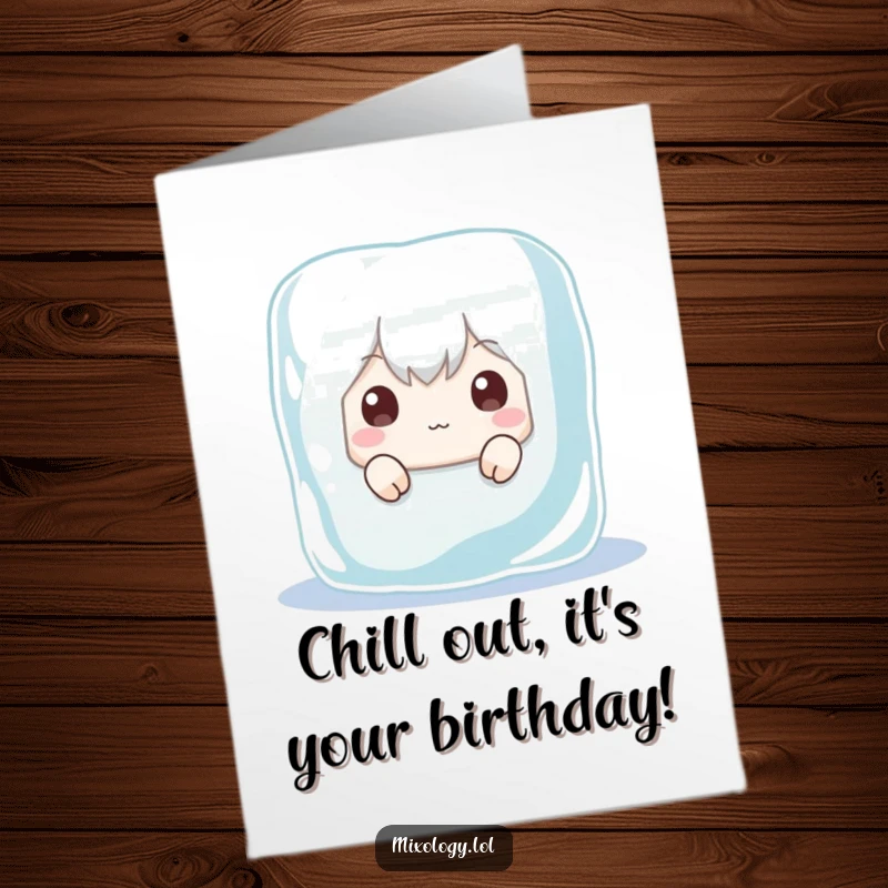 Funny Free Printable Birthday Card: Wide-eyed character peeking out from behind a giant ice cube with playful mischief.