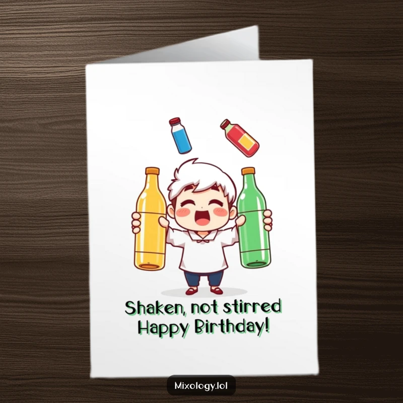 Funny Free Printable Birthday Card: Surprised character hilariously juggling three colorful bottles, ready to make someone laugh.