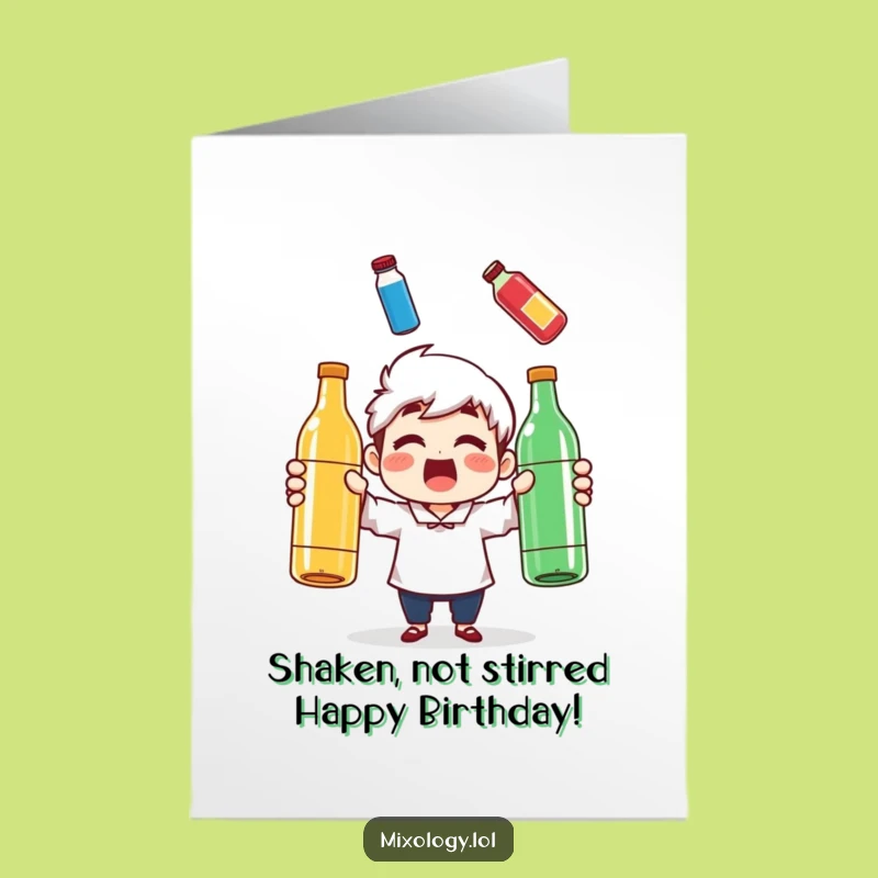 Free Printable Birthday Card: Juggling Bottles Funny Downloadable Gift for a Quirky Friend