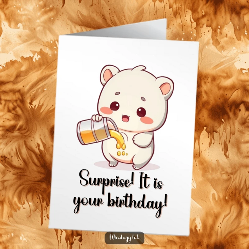 Funny Free Printable Birthday Card: A sweet creature pours liquid with a hilariously surprised expression, celebrating your day!