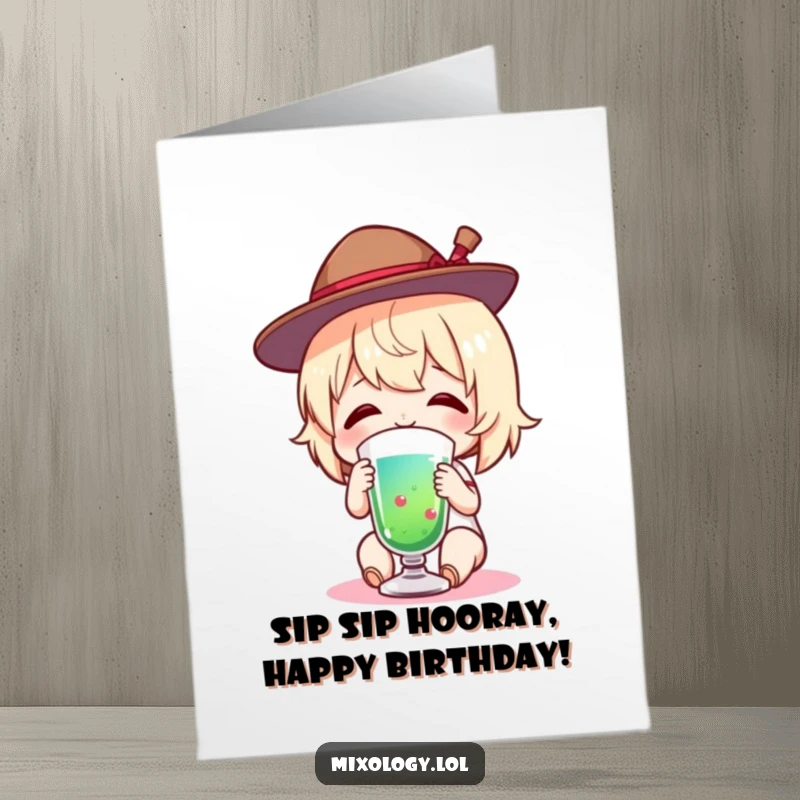 Funny Free Printable Birthday Card of a charming figure in a tiny hat, smiling while tasting a colorful drink.