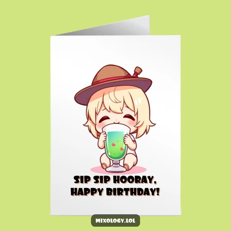 Free Printable Birthday Card: Tiny Hat Drink Character Funny Downloadable