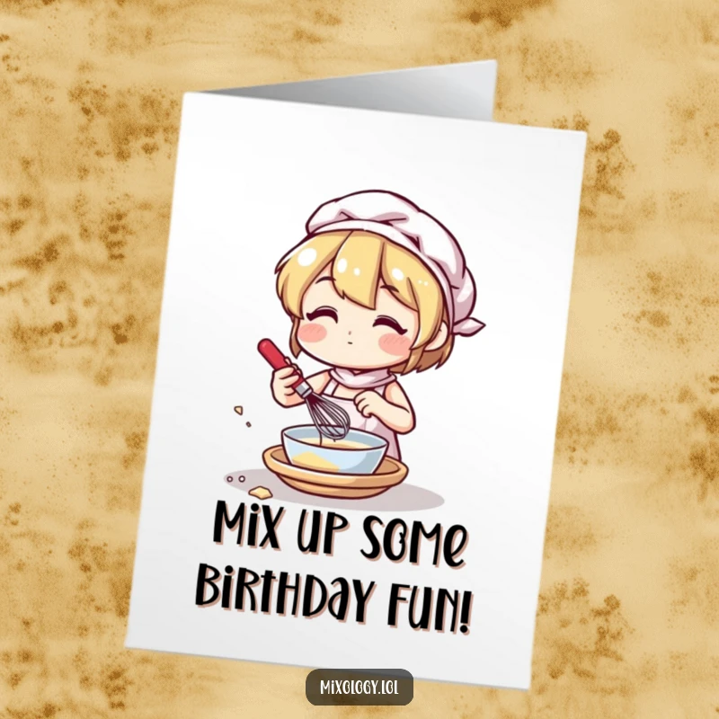 Funny Free Printable birthday card of a character joyfully mixing ingredients with a small whisk. Downloadable baking humor.