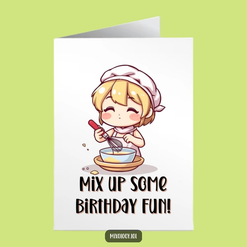 Free Printable Birthday Card: Whisking Character - Cheerful Baker Downloadable Gift