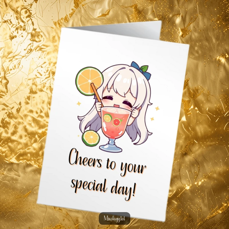 Funny Free Printable Birthday Card: A joyful character garnishes a drink with a fruit slice, ready to celebrate.