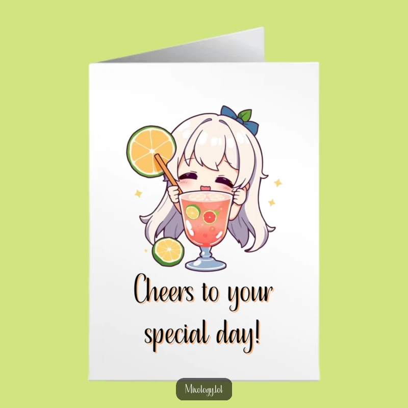 Free Printable Funny Birthday Card - Character Garnishing Drink Joyfully