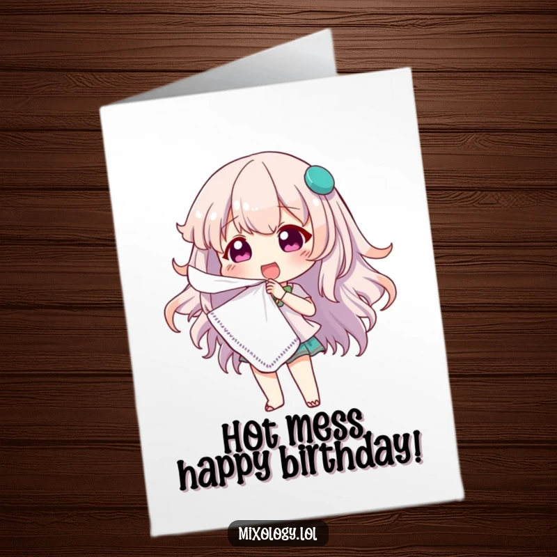 Funny Free Printable Birthday Card featuring a sassy character dramatically fanning herself with a cocktail napkin, looking hot and bothered.