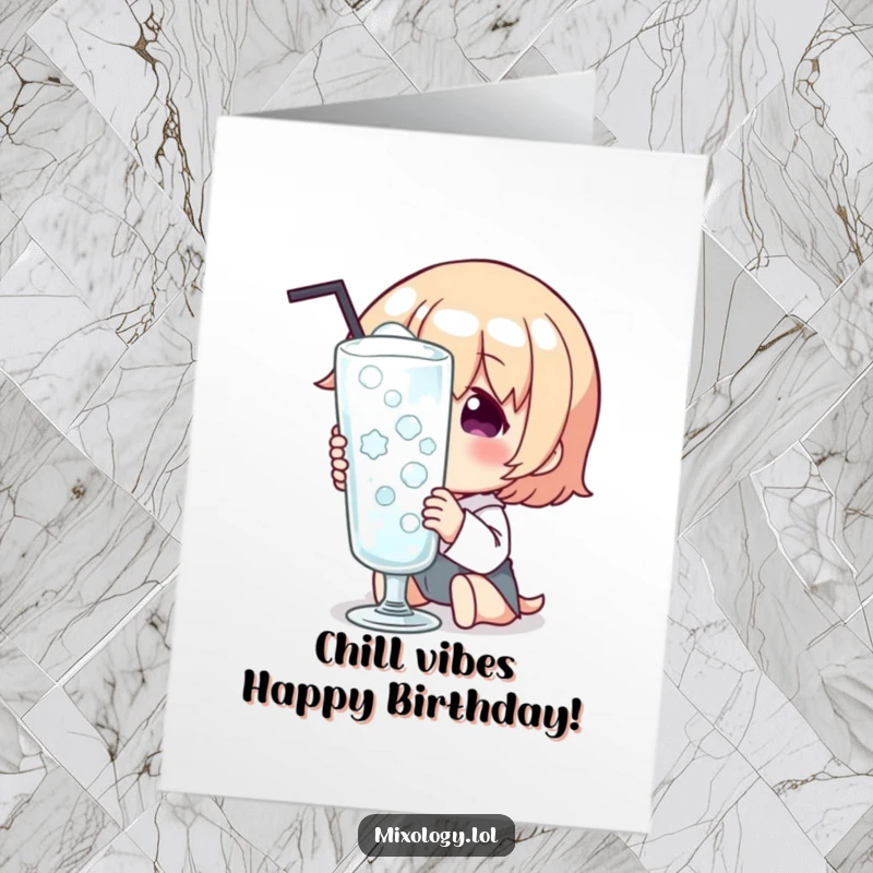 Funny free printable birthday card showing a character looking with pure delight at a perfectly chilled glass, radiating happiness.