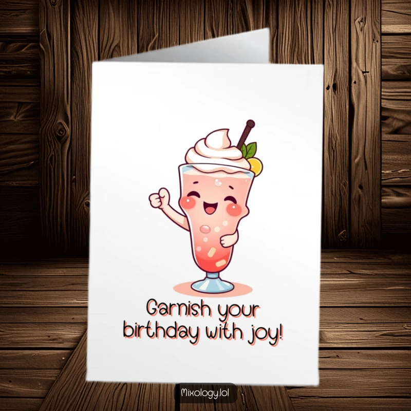 Funny Free Printable birthday card featuring an adorable subject joyfully garnishing a drink with a playful flourish, ready to celebrate.