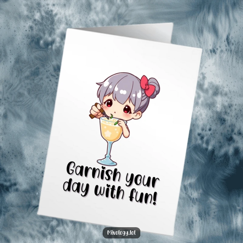 Funny Free Printable Birthday Card of a bartender carefully garnishing a drink with a tiny flourish like a true artist.