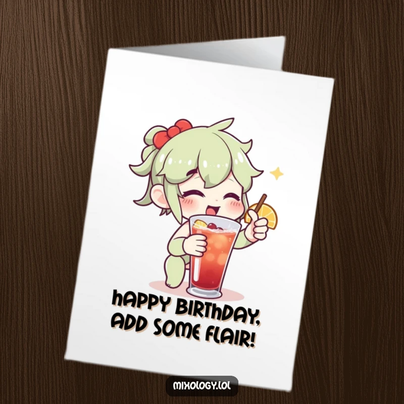 Funny free printable birthday card: A cheerful character adds a lemon twist to a drink with great enthusiasm, celebrating a drink.
