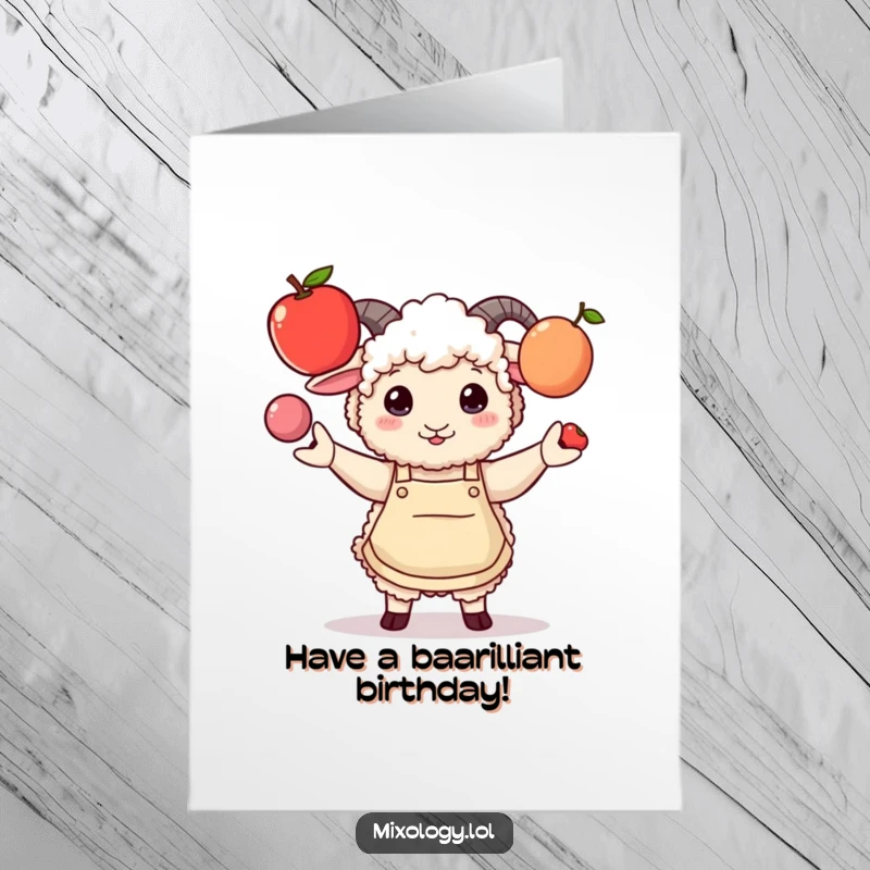 Funny Free Printable Birthday Card: A fluffy sheep in a stylish apron comically juggles three colorful fruits, celebrating merrily.
