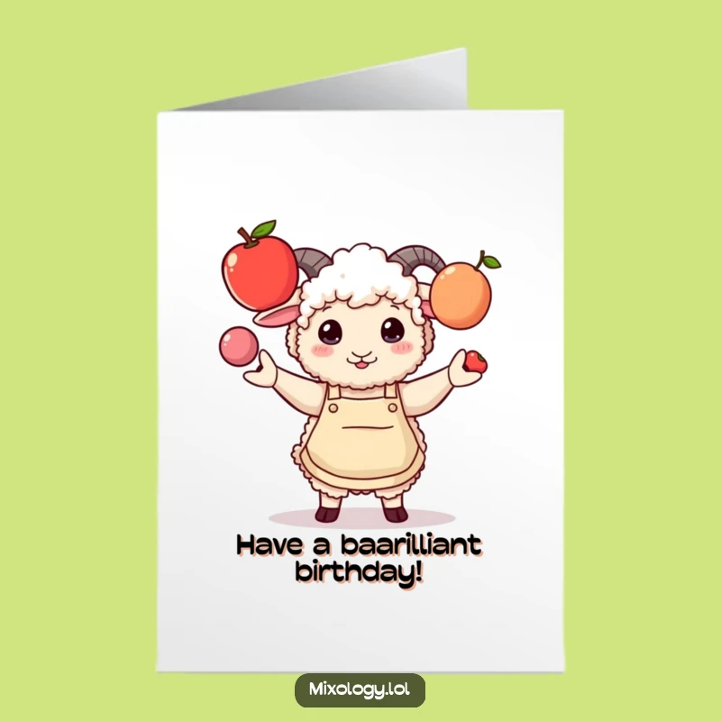 Free Printable Birthday Card: Sheep Juggling Fruits for a Fun Celebration