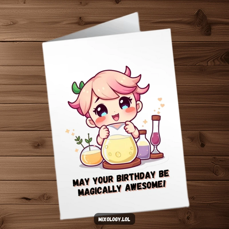 Funny Free Printable Birthday Card: Character delighted as colorful ingredients magically combine in a bubbling beaker, celebrating a birthday.