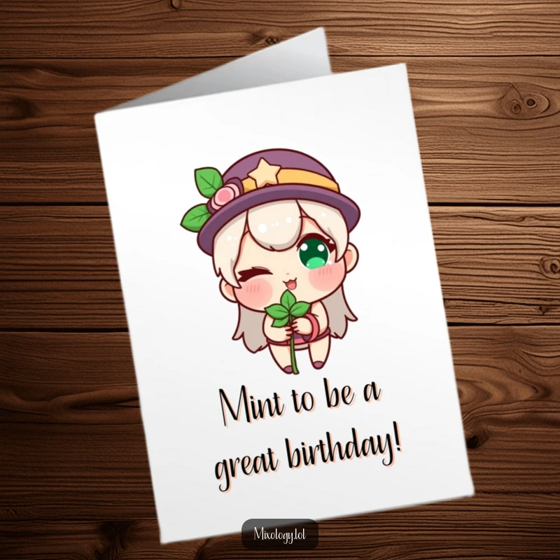 Funny free printable birthday card: A charming character winks playfully while holding a fresh sprig of mint, offering a cool salute.
