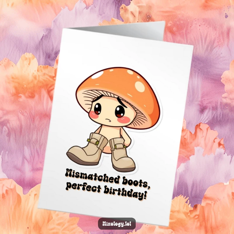 Funny Free Printable Birthday Card: Confused mushroom character sporting two completely different boots, ready for laughs.