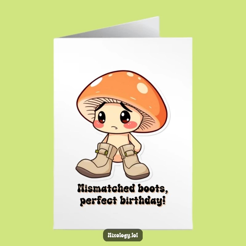 Free Printable Mushroom Birthday Card: Funny Mismatched Boots, Downloadable Digital Gift