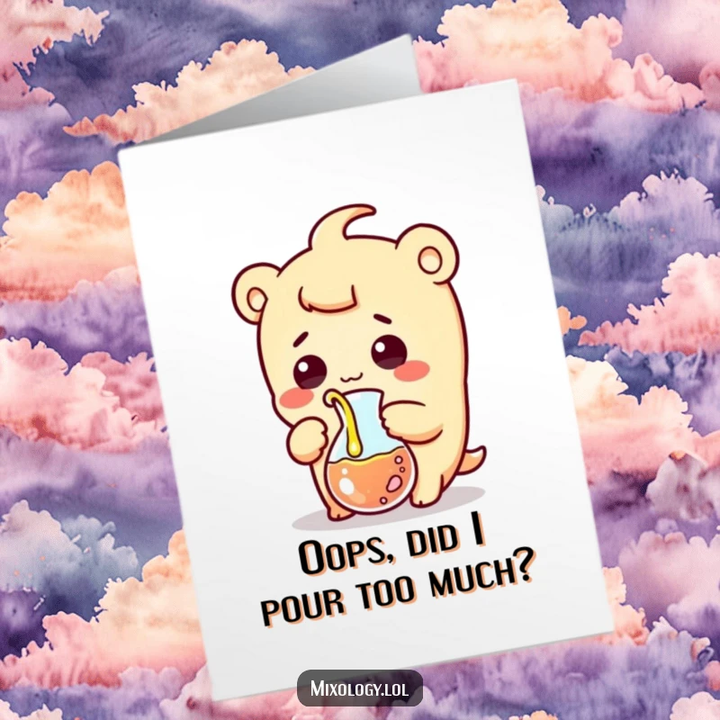 Funny Free Printable Birthday Card: Kawaii scientist comically pouring liquid from a beaker, looking surprised.