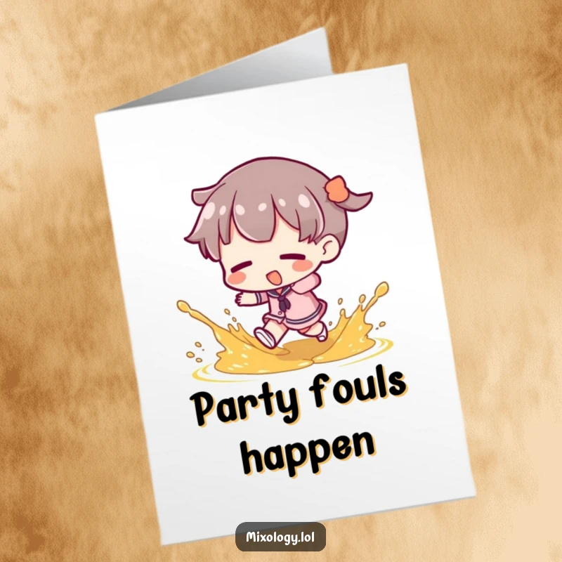 Funny free printable birthday card showing a character stumbling, with a garnish splash flying mid-air, a comical mishap.