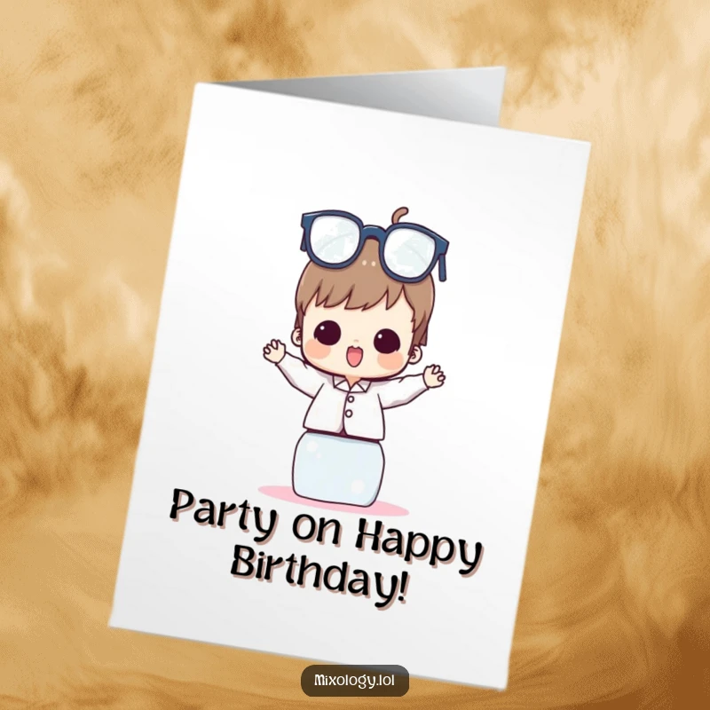 Funny free printable birthday card depicting a character precariously balancing a tall tower of drinking glasses with a gleeful expression.